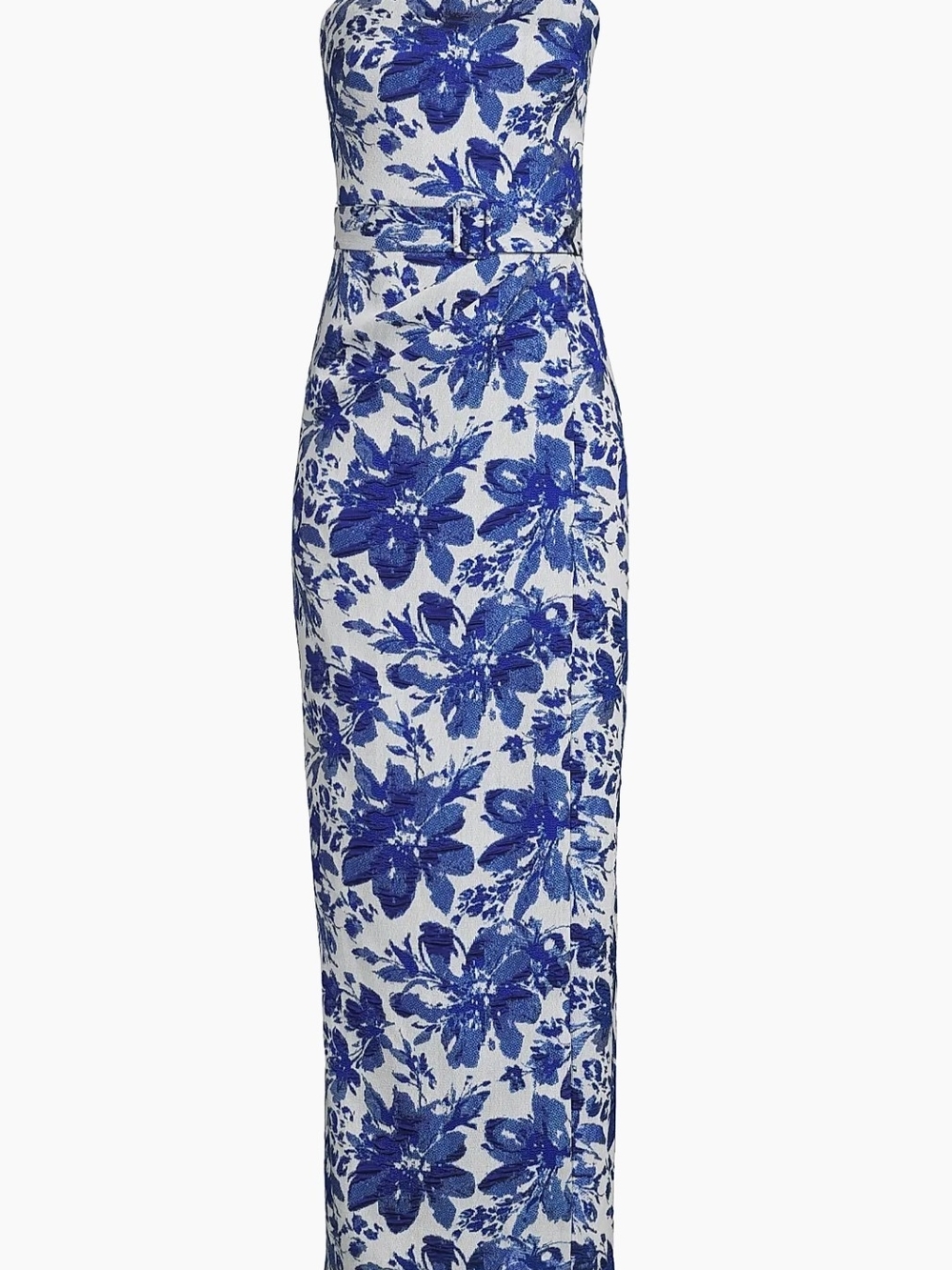Blue Floral Strapless Maxi Dress with Belt